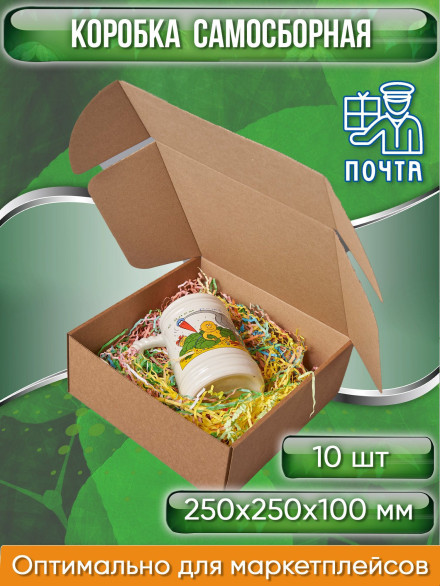 Коробка картонная самосборная, 25х25х10 см, объем 6,3 л, 10 шт, (Гофрокороб 250х250х100 мм, короб самосборный, почтовый).