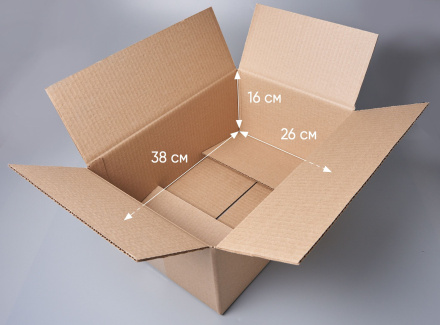 Коробка картонная 38х26х16 см, объем 15,8 л, 50 шт (Гофрокороб 380х260х160 мм, короб картонный, почтовый)